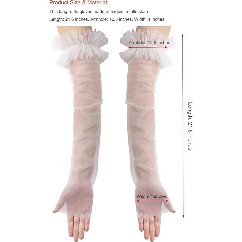Women's Fingerless White Long Sleeves Gloves Puffy Ruffle Cuffs Wedding Prom